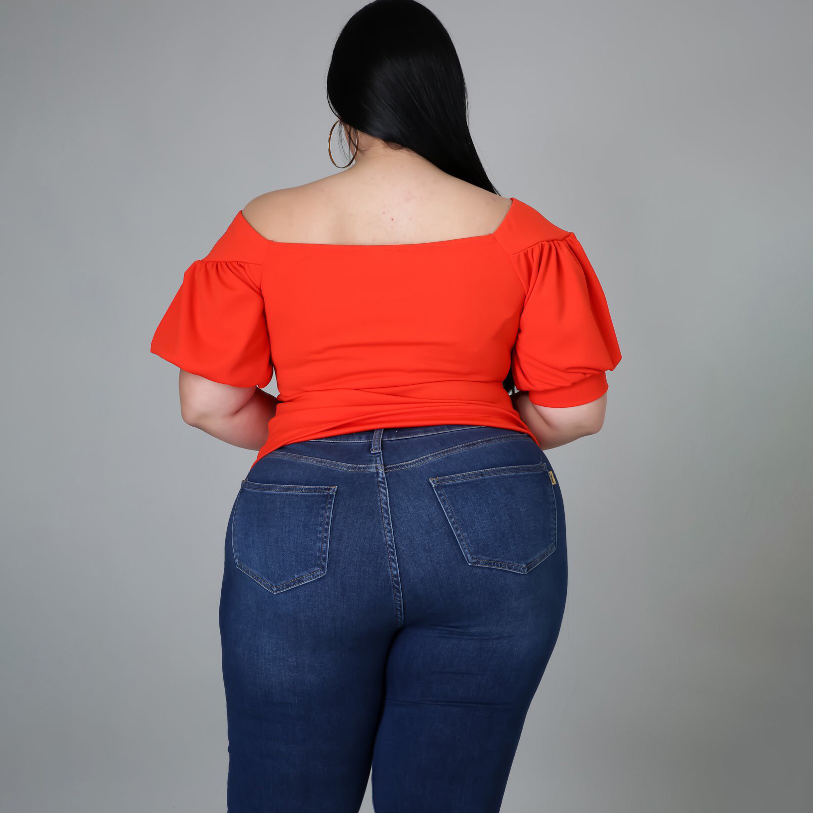 3XL 4XL Plus Size Blouses For Women Fat Summer Square Neck Orange Solid Fashion Tops Shirts Big Office Ladies 210510