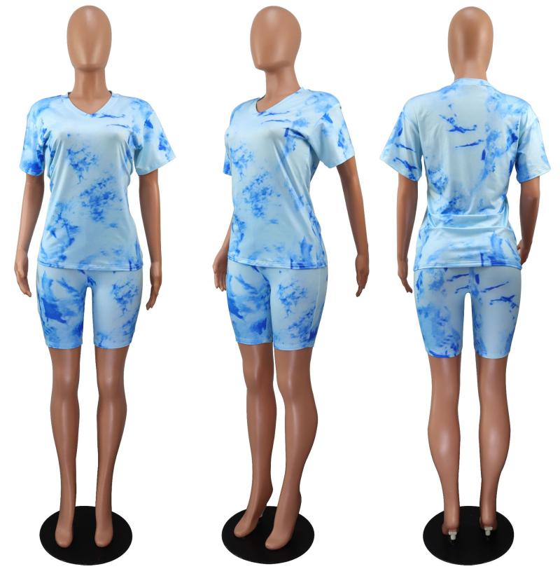 Zoctuo Women Tie Dye Club Two Piece Set V-Neck T-Shirt Shorts Pants 2021 Summer Fashion Short Sleeve Casual 2 Sets Women's Tracksuits