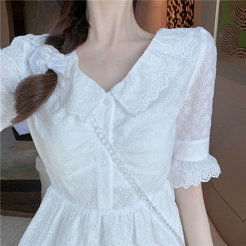 Elegant Dresses for Female White V-Neck Button Slim Mini Dress Beach Office Lady Kawaii Thin Women Fairy Dress Korea Summer 210521
