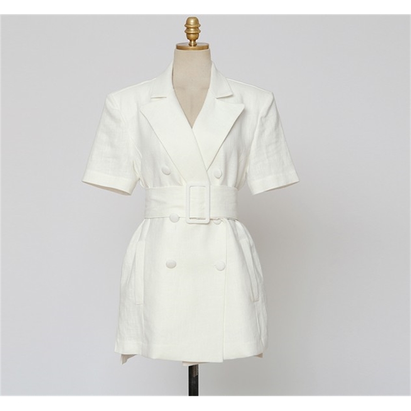 Elegant Cotton Linen Work Blazer Women Summer Short Sleeve Belted Female Suit Jacket Fashion Clothing 210519
