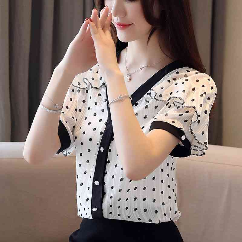 blouses woman summer short sleeve women ruffles v-neck dot chiffon top female womens tops and 4941 50 210508