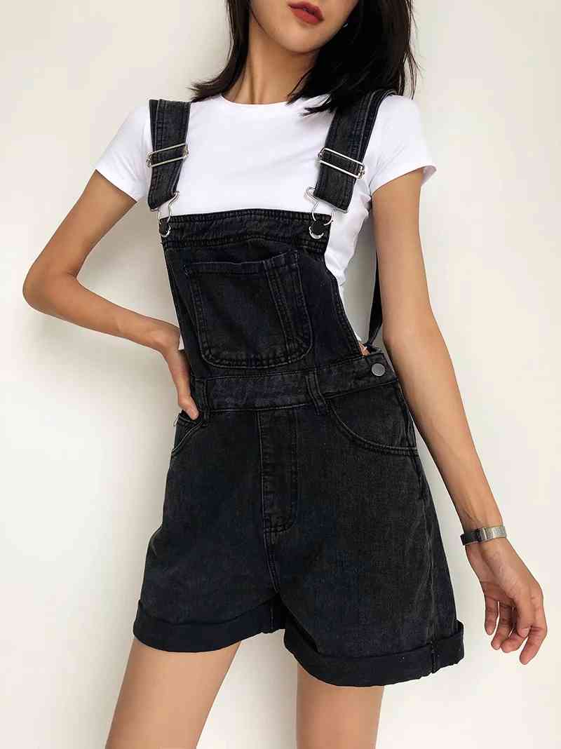vintage sleeveless denim jumpsuit women high waist shorts Overalls sexy backless black playsuit casual jeans 210521
