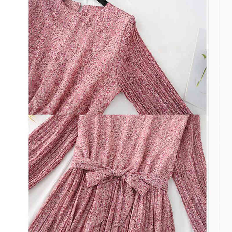 Spring Summer Women Pleated Chiffon Dress Floral Print Vintage O-neck Bow Midi Dress Elegant Party Long Sleeve Vestidos 210521