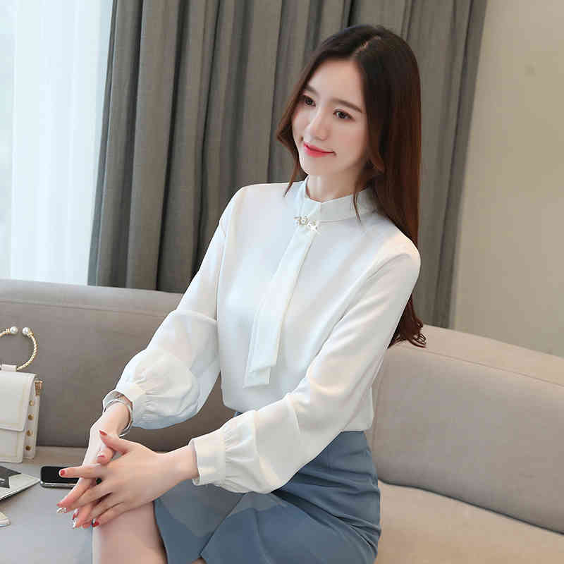 blusas mujer de moda dames blouses lange mouwen womens tops and Office Lady Stand lantern Sleeve shirt 7040 50 210427