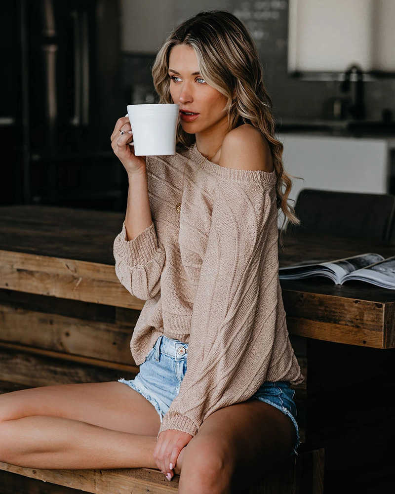 Fitshinling One Shoulder Women Sweaters And Pullovers Batwing Sleeve Jumper Knitwear Striped Fashion Pullover Tops Sale 211014