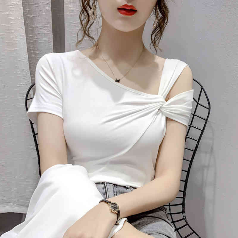 Korean Solid Asymmetrical Neck T shirts Summer Short-Sleeved T-shirt Women's clothes Slim TShirt Harajuku shirt 96i 210420