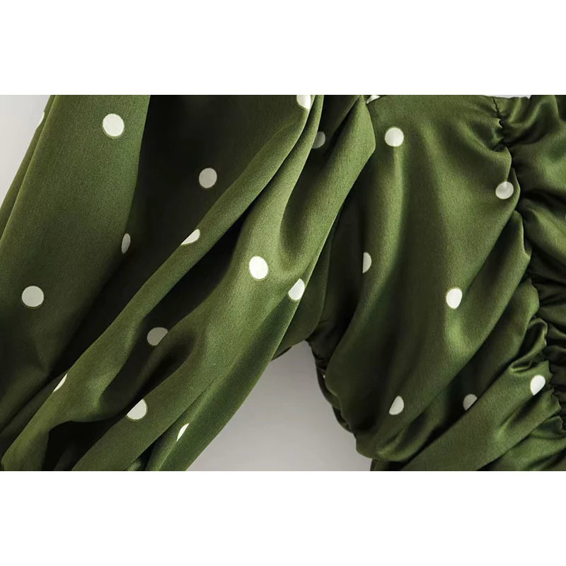 Stylish Sweet Green Polka Dot Ruched Dress Cute Women Square Collar Dresses Casual Vestidos for Girls Streetwear Outfit 210520