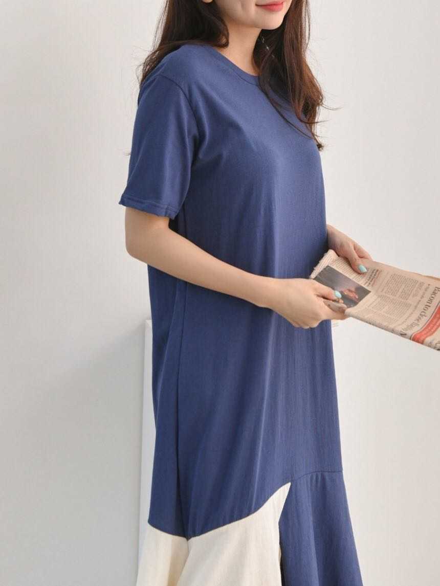 Qooth Casual T shirt Dres Shirt Summer Loose Short-Sleeved Split Female Patchwork Blue Maxi QT041 210609