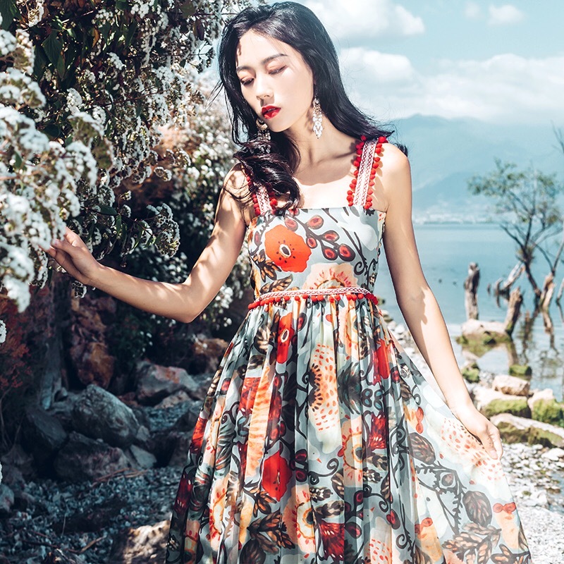 Elengant Flower Print High Waist Spaghetti Midi Dress Party Holiday Style Tassel A-line Long Dresses Vestidos 210421