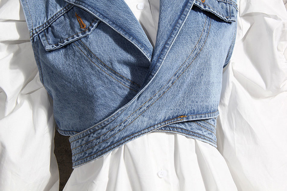 Free Irregular Cross Denim Coat For Women High Waist Hollow Out Casual Short Tops Female Summer Fashion Style 210524