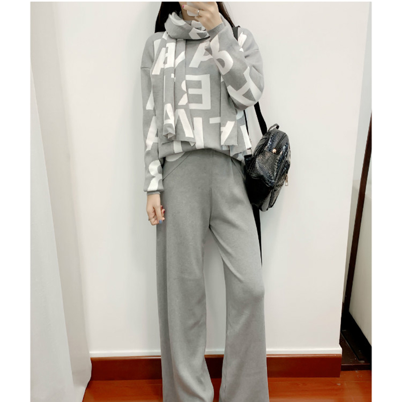 Women Knited Letter Sweater + Pants Cape Long Scarf 3PCS Suits Knit Pullovers Cappa Wraps Wide Leg Trousers Sets 210506