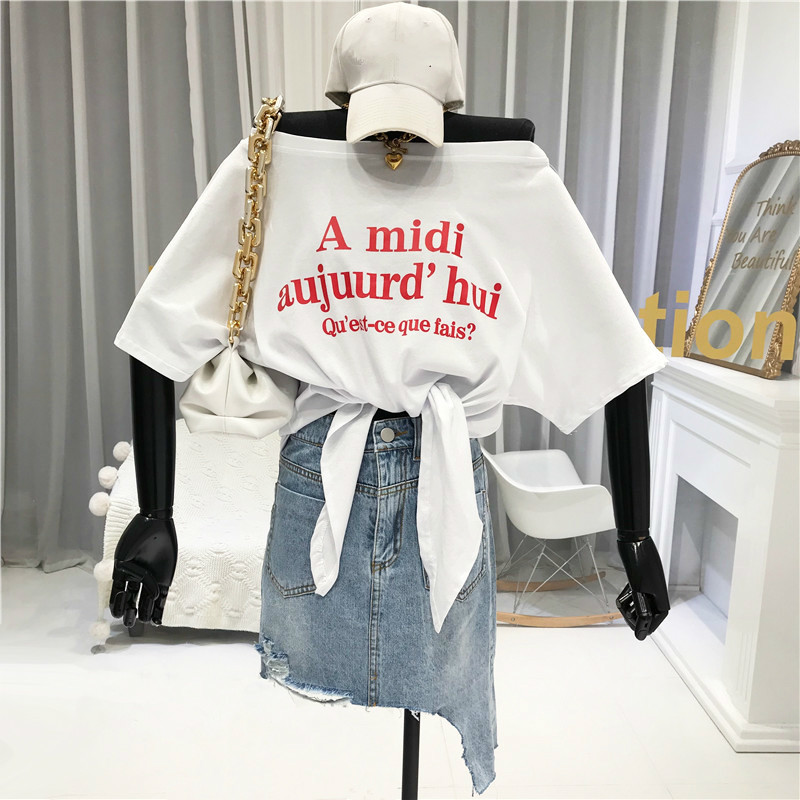 Kimutomo Letter Print Off Shoulder Women T-shirt Korea Chic Summer Ladies Loose Slash Neck Short Sleeve Tie Tops 210521