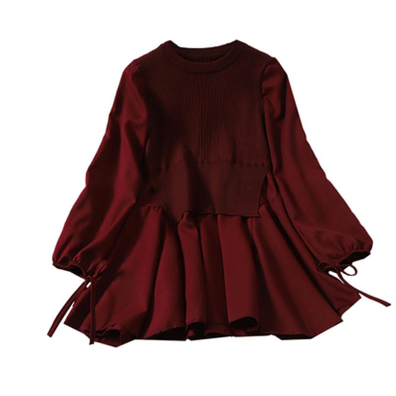 Spring 2021 Fake Two Knitwear Dress Women Korean Patchwork Ruffles Knitted Vestidos O-neck Slim Fit Sweet Pleated Dresses Casual