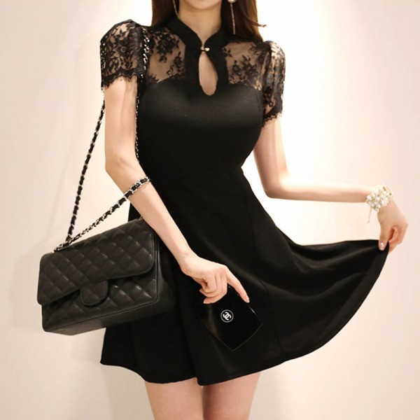 Summer Women Black Lace patchwork Short Sleeve Stand collar Elegant Office Mini Dress Vintage A-line Dresses Vestidos 210519