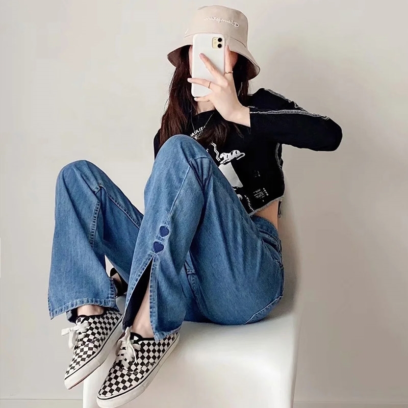 MosiMolly Washed Denim Pants Jeans Women Boyfriend Jeans Casual Pants Split Long Pants Bottom Black Jeans 210616
