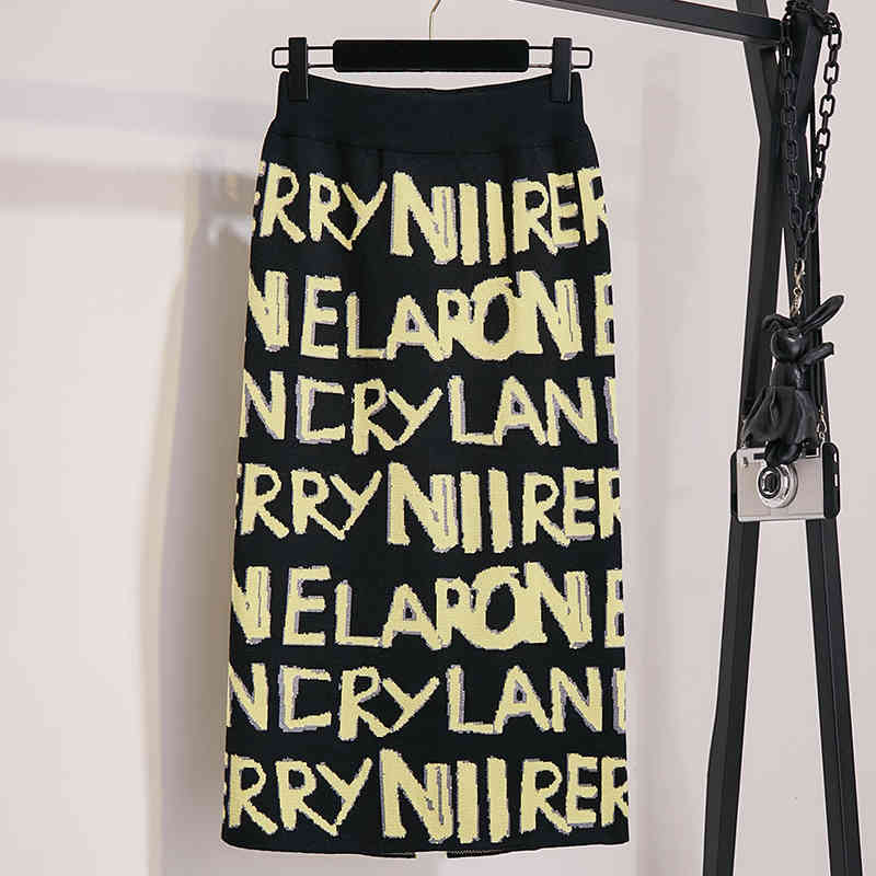 Nomikuma Korean Letters Knitted Skirts Autumn Winter New High Waist Women Sweater Skirt Causal Split Sexy Slim Faldas 6D147 210427
