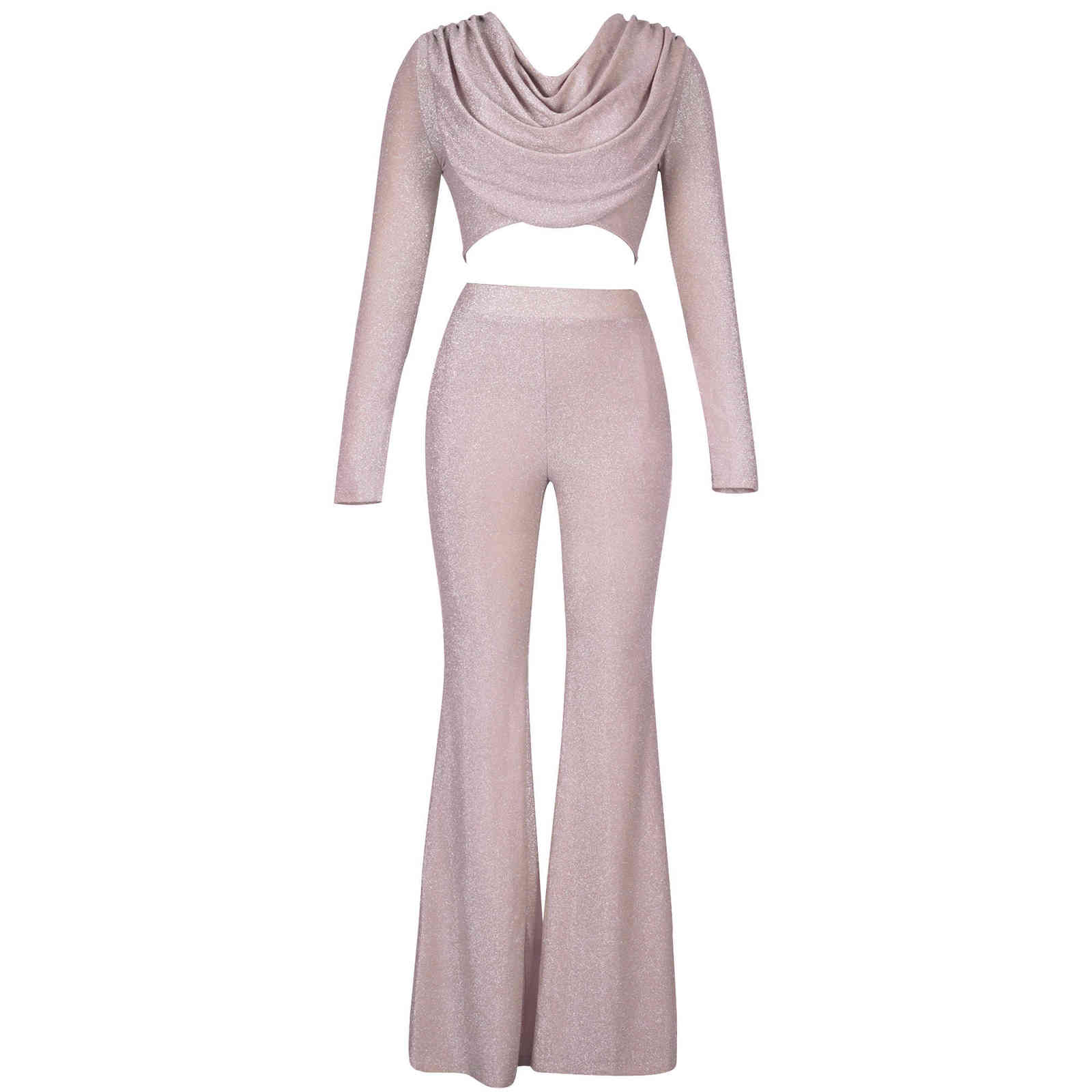 Glitter Draping Long Sleeve Top and Pants Two Piece Set Arrival Pink 2 PIece Set Women Autumn Sexy Club Party Outfits 211116