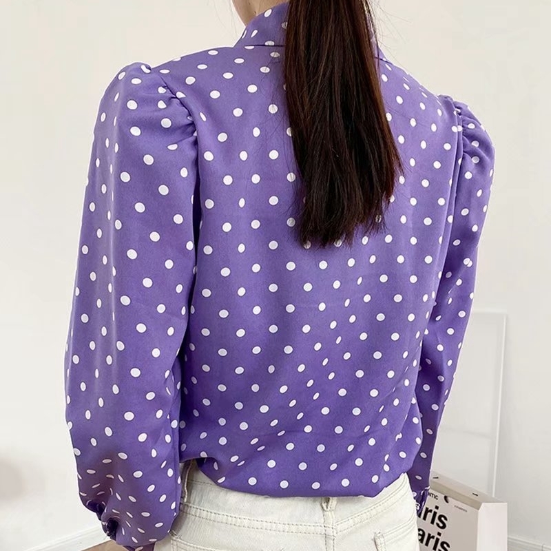 Women's Purple Polka Dot Puff Sleeve Blouse - Elegant Chic Turn Down Collar Top