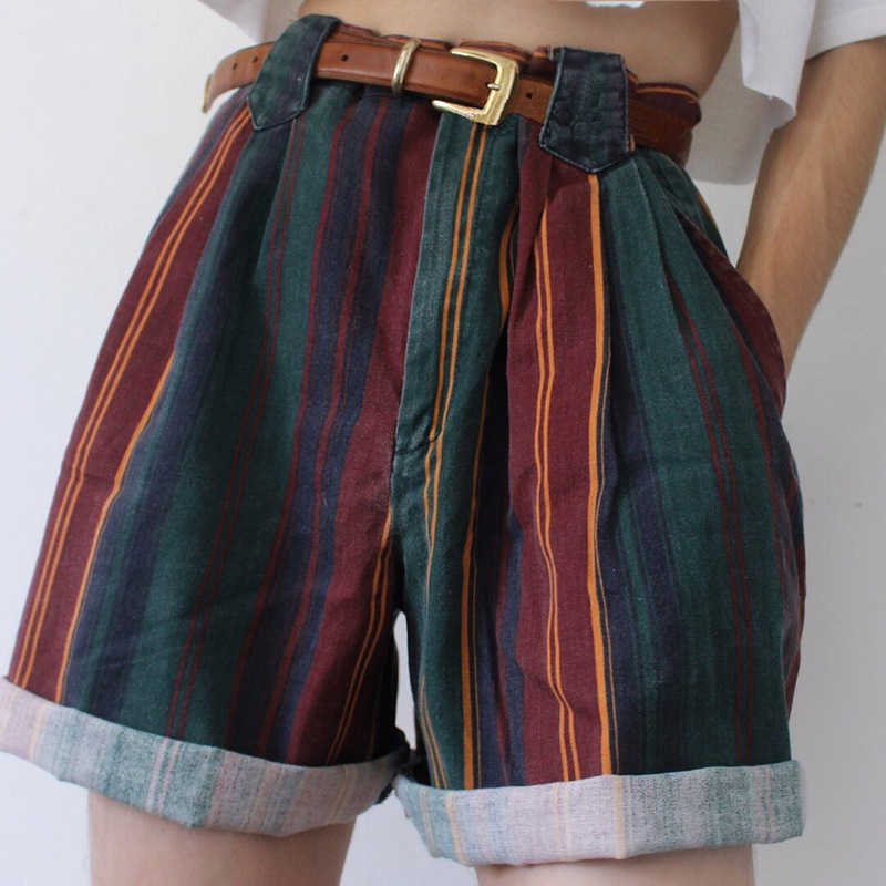 Spring Loose Short Pants With Pocket Women Clothes Streetwear Short Summer Vintage Striped High Street Colorful Shorts 210611