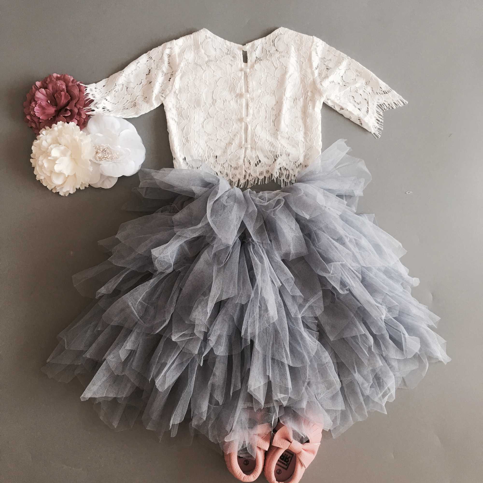 Baby Girls Lace Clothing Set For Xmas Kids Petti Skirt +Lace Shirt Sweet Flowers Toddler 2Pcs Outfit Child Party costume 210529