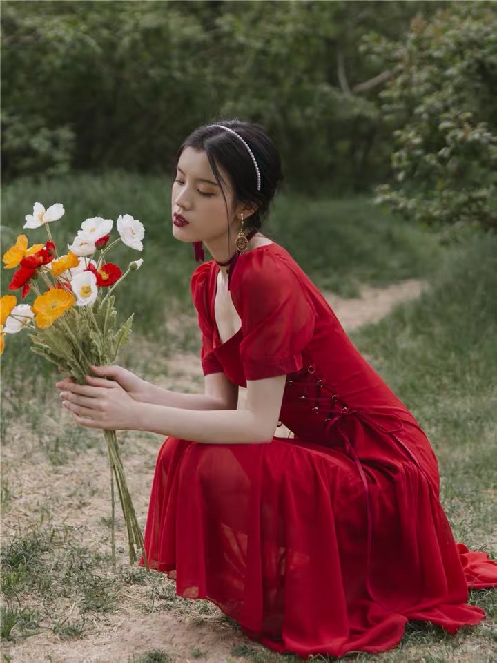 red dress women straw string square collar lace up puff sleeve A-line Lolita midi chic summer robe femme vestidos 210421