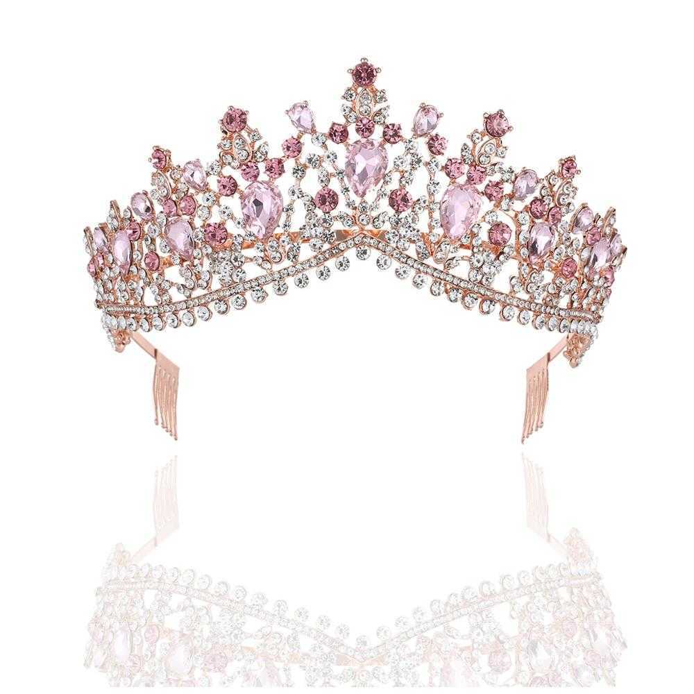 Baroque Rose Gold Pink Crystal Bridal Tiara Crown With Comb Pageant Prom Veil Headband Wedding Hair Accessories 211006