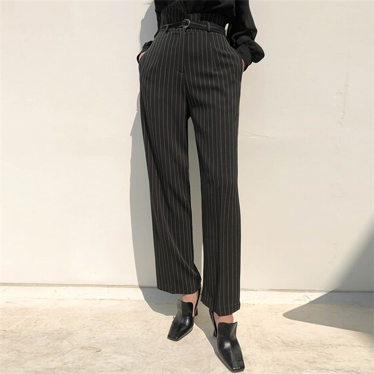 Colorfaith New Autumn Winter Women Pants Wide Leg High Waist Striped Lace Up Irregular Elegant Ankle-Length Trousers P3212 210413