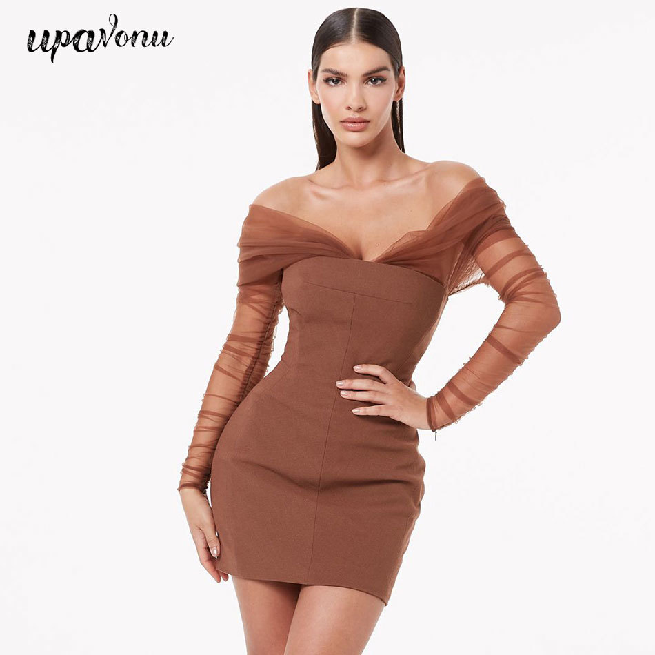 Free Women's Brown Mini Dress Sexy Strapless Long Sleeve Draped Mesh Bodycon Club Evening Party Vestidos 210524