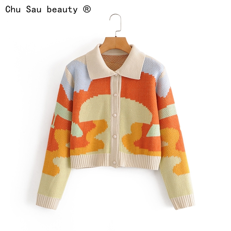 Fall winter vintage oil painting short knitted cardigans colorblock lapel slim cropped sweaters top coat for woman 210508