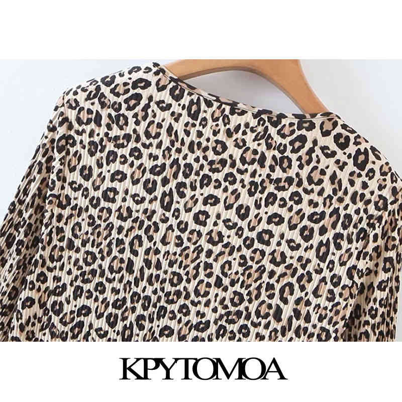 Women Chic Fashion Leopard Print Pleated Mini Dress O Neck Long Sleeve Female Dresses Vestidos Mujer 210420