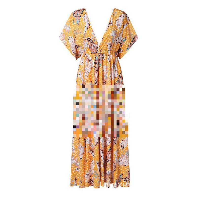 Women Dress Deep V Neck Short Sleeve Printed Bohemia es Sexy Long Print Floral Maxi Summer Beach es 210524