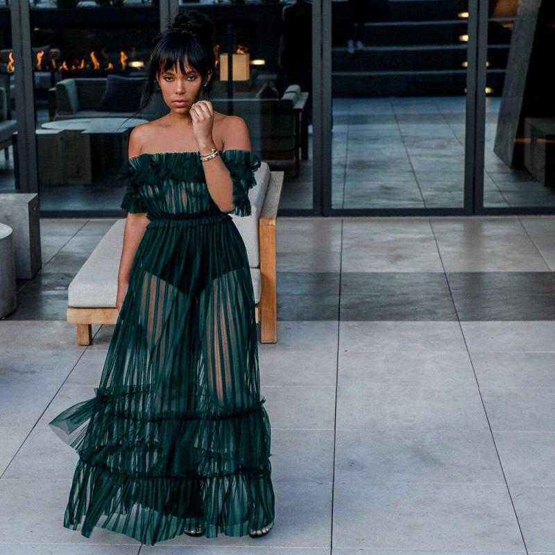 Women Dress Gauze Hollow Out Sexy Slash Neck Off The Shoulder Long Fashion Party es Summer 210524