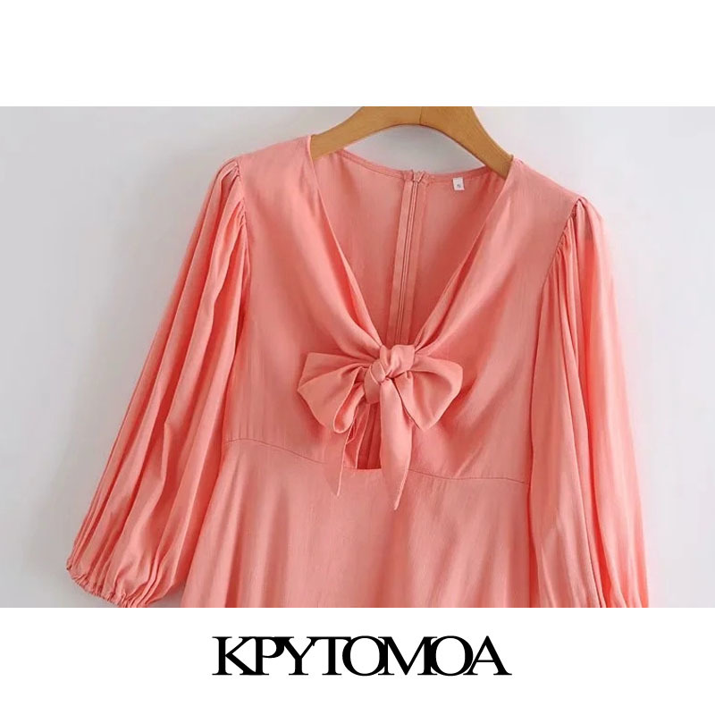 Women Chic Fashion With Bow Tied Pleated Mini Dress Puff Sleeve Back Zipper Female Dresses Vestidos Mujer 210420