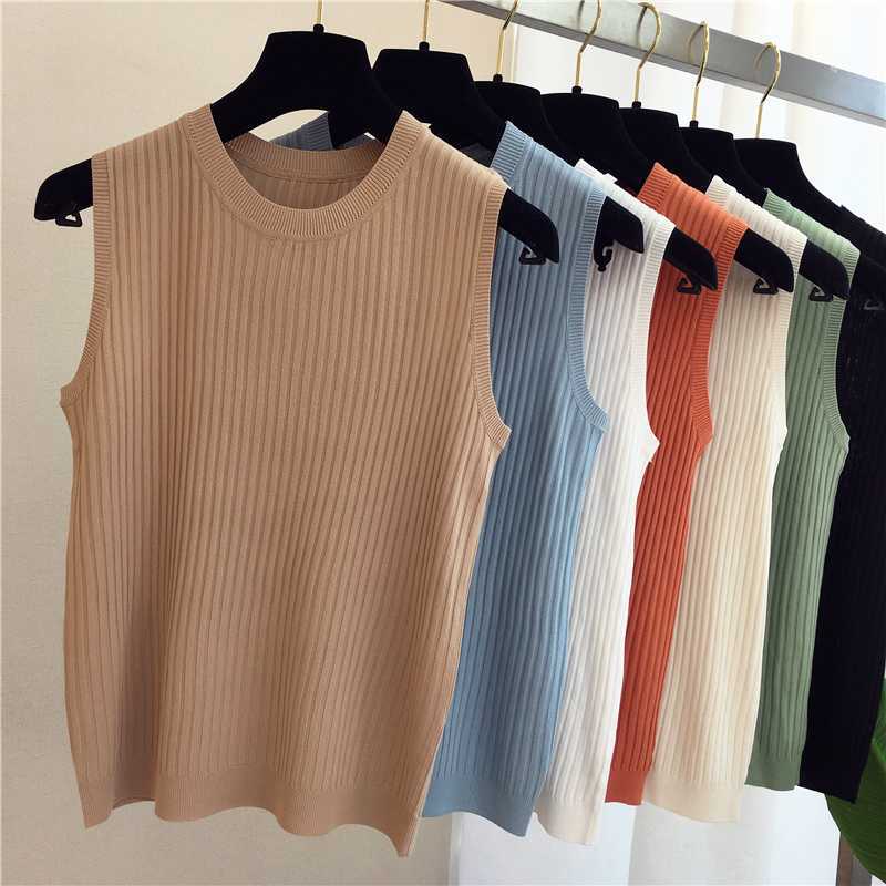 Ice Silk Knitted Vests Women Top O-neck Solid Tank Summer Fashion Female Sleeveless Casual Thin Tops White Black Tops 13687 210528wtt