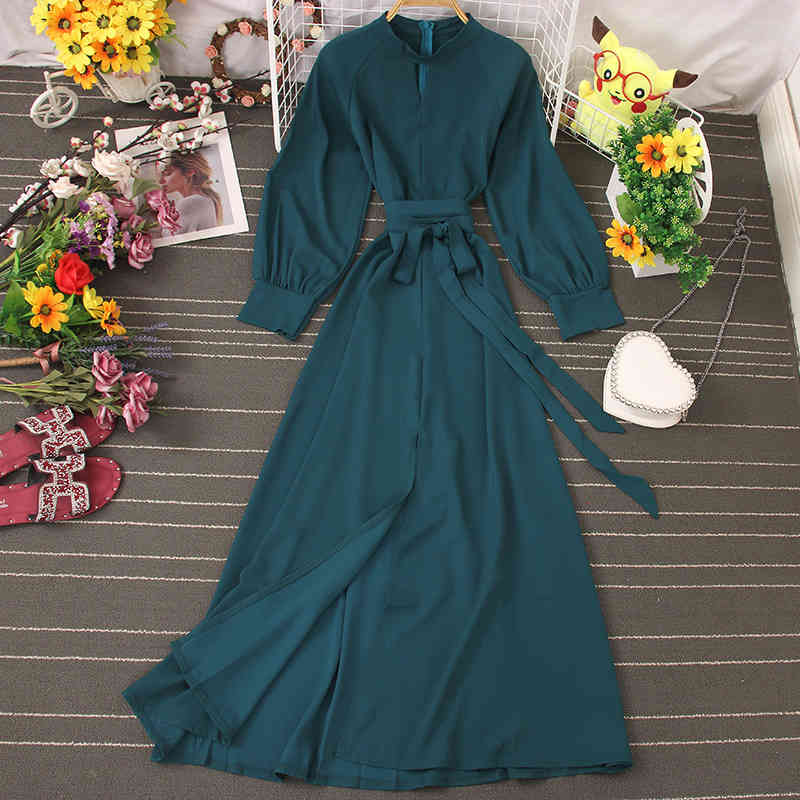 Autumn Winter Vintage Solid Full Dress A Line O Neck With Belt High Waist Slim Mid-Calf Women Dress 210521