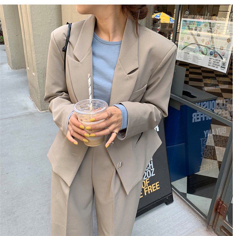 Beige Retro Chic Solid Gentle Lady Elegant OL Blazers + Vintage Casual All Match Straight Pants Set 2 Pieces Sets 210421