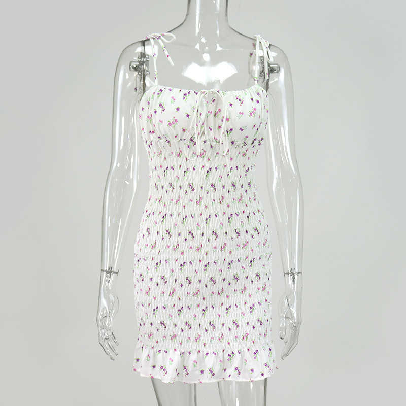 Asia White Floral Shirred Mini Dress Summer Women Ruffles Sexy Spaghetti Straps Pleated Ruched Bodycon es 210623