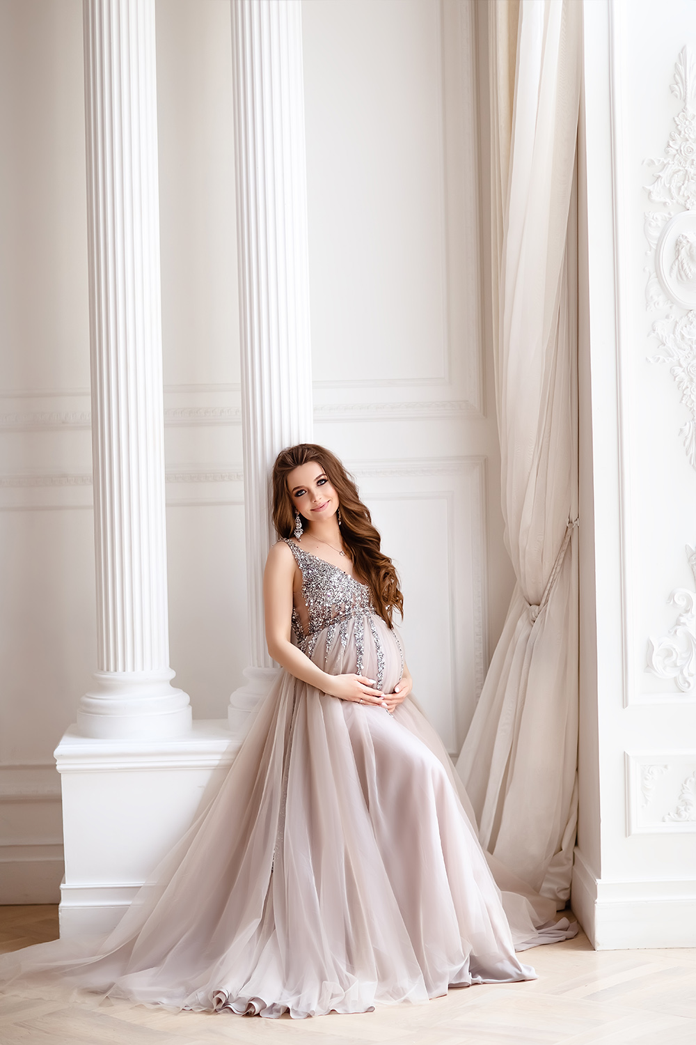 Glitter Sequins Tulle Sleepwear Robes Maternity Women V Neck Bridal Ruffles Pregnant Woman Photoshoot Dress Sleeveless Sheer Party Gowns