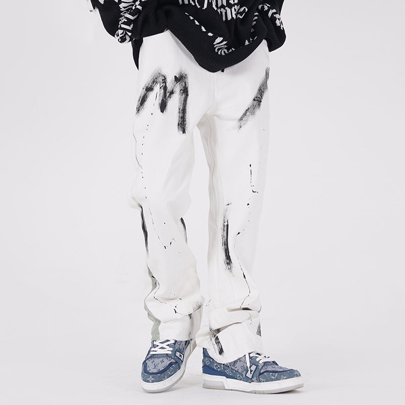 IEFB Men's Streetwear Wash Hand Painted Splash Ink Stitching Pants Raw Edge Micro Trumpet Slim Jeans Fashion Trousers 210524