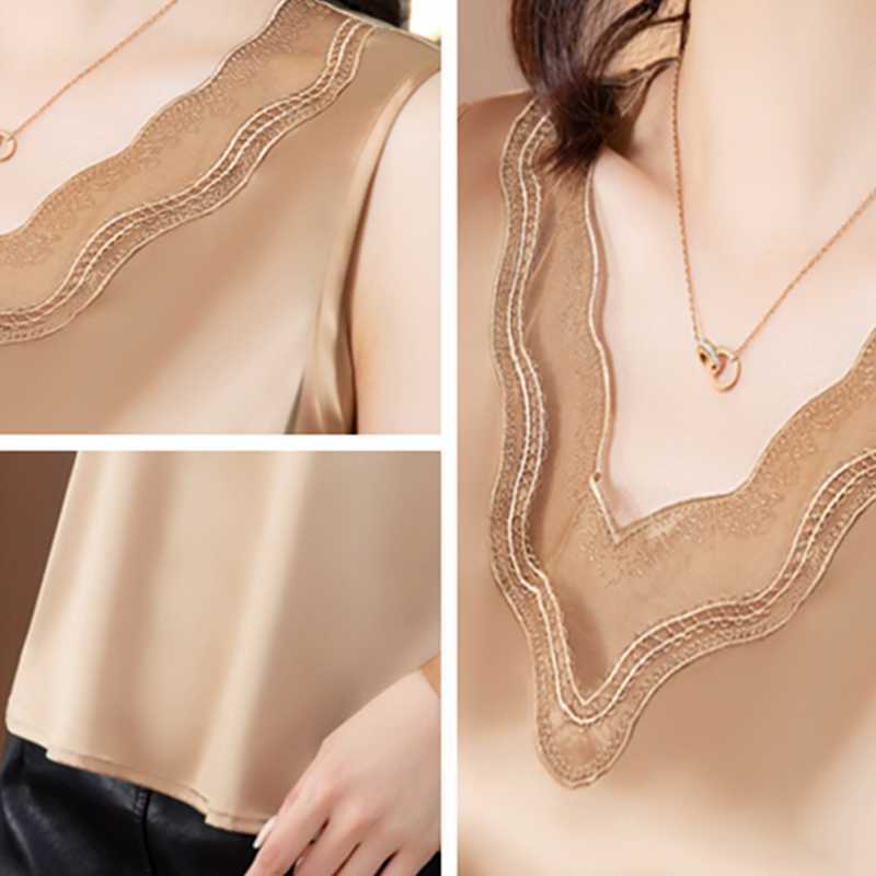 Korean Women Blouses Shirts OL Satin Tops Woman Lace Hollow Out Shirt Top Plus Size V-neck Embroidery 210604