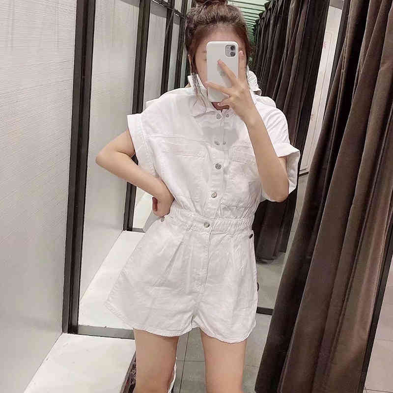 Women Fashion Pocket Button Decoration Handsome Denim Jumpsuit Elastic Waist Summer Shorts With Pockets 210521
