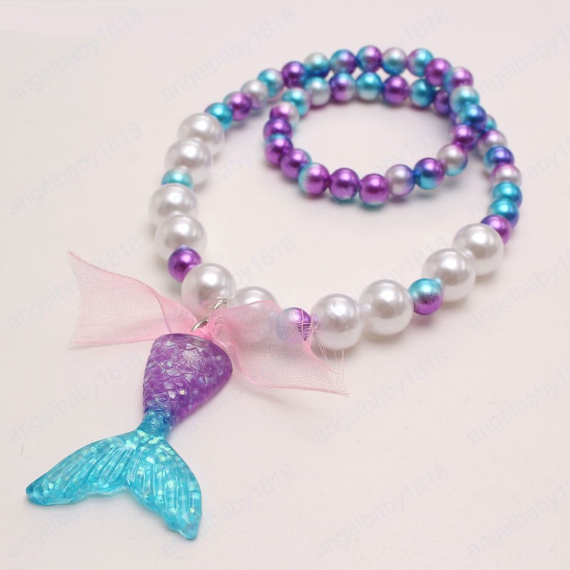 Charming Baby Girls Purple Mermaid Tail Pendant Necklace Bracelets Fashion Pearls Beaded Bangles For Kids Party Gift
