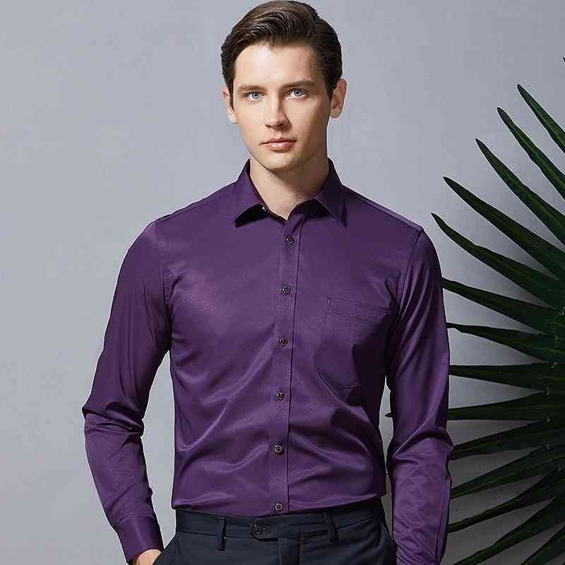 Men Shirts Long Sleeve Purple Formal shirts For Men Slim Fit Business Stretch Anti-wrinkle Professional Tooling Male Blouse 210410