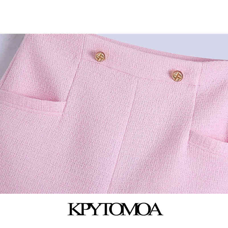 KPYTOMOA Women Fashion With Metal Buttons Tweed Bermuda Shorts Vintage High Waist Back Zipper Female Short Pants Mujer 210408
