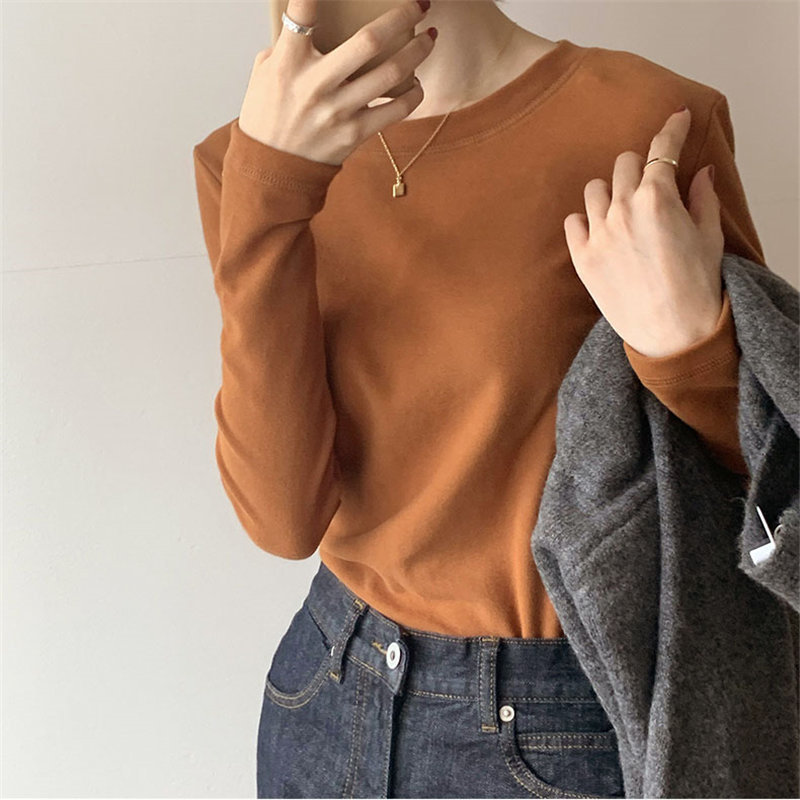 Stylish Solid Slim All Match Large Size Cotton Thicken Chic High Quality Tops Fashion Women Full Sleeves T-Shirts 210421