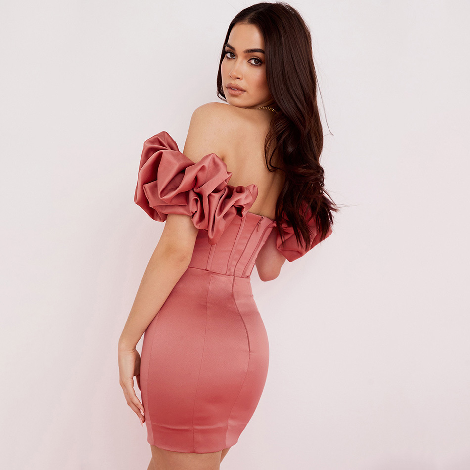 Satin Ruffled Puff Sleeves Summer Open Back Strapless Short Sleeve Tight Mini Dress Sexy Party Vestidos 210525