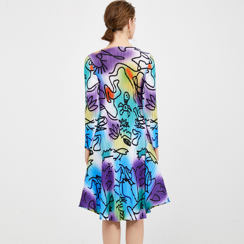 VKBN Summer Dress Long Sleeve Printing Elastic Elegant Dress Fold Abstract Creative O Neck Vestidos De Fiesta 210507