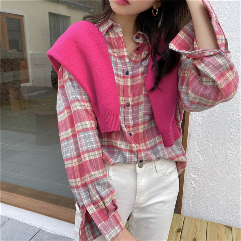 Shirt Women Formal Basic Office Ladies Tops Loose Casual Long Sleeve Plaid Blouse Female Blusas Camisas Mujer 210421