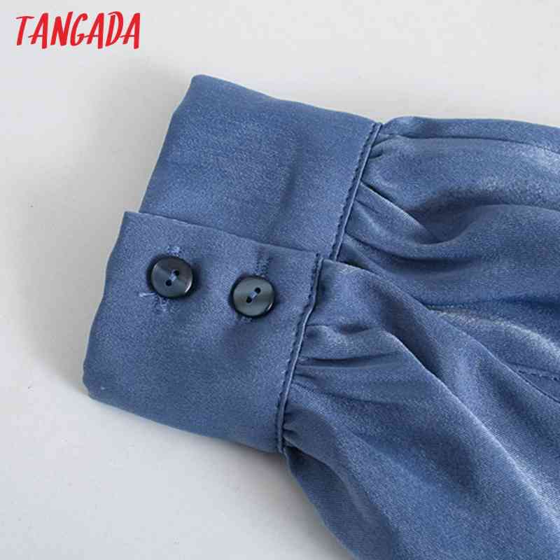 Fashion Women Blue Satin Shirt Long Sleeve Office Ladies Mini Dress with Bow 5Z31 210416