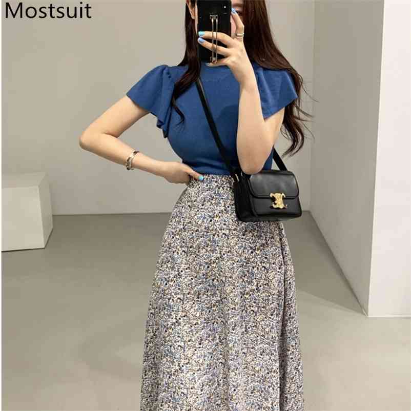 Summer Korean Fashion 2 Piece Skirt Sets Outfits Women Blue Tops + Printed Elastic Waist A-line Vintage Matching 210514